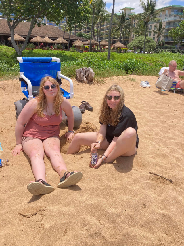 Isabel with twin sister at beach